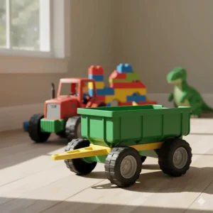 The large, green detachable trailer bed that connects easily to the **toy tractor trailer**.