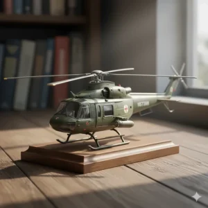 A detailed, collectible diecast model helicopter, showing realistic features and paintwork.