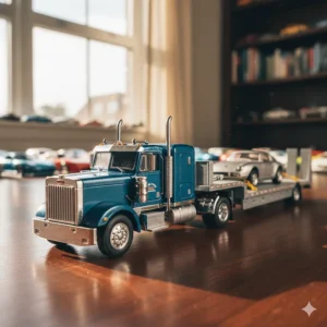 Close-up of a high-quality diecast model toy truck with a detachable trailer, showing realistic detailing and paint.
