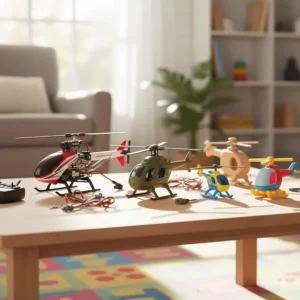 A collection showcasing different types of toy helicopters, including miniature, RC, and die-cast models.