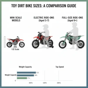 Infographic comparing the different sizes of toy dirt bikes, from small scale models to full-size ride-ons.