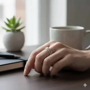 A person wearing a minimalist spinner ring, a highly discrete silent fidget toy that looks like regular jewelry but provides satisfying tactile input.