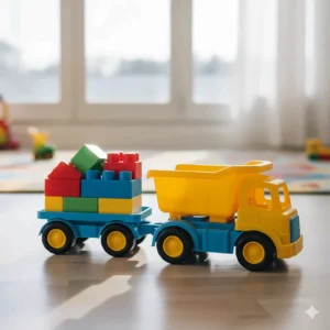 Bright yellow plastic dump truck hauling a small, detachable trailer loaded with colorful blocks for imaginative play.