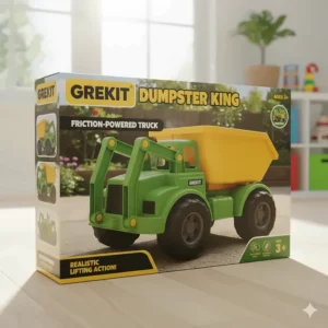 The retail packaging box for the new large friction-powered dumpster truck toy.