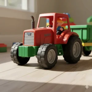 Durable plastic wheels and rugged tread on the **toy tractor trailer**, built for indoor and outdoor play.