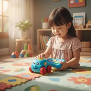 A simple, brightly colored early robotics or coding toy on a playmat, introducing foundational STEM skills to young preschoolers.