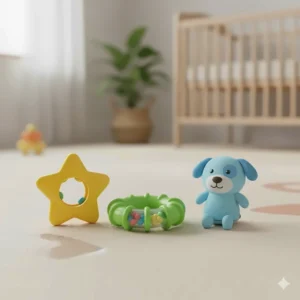 Collection of small, lightweight rattles and shakers, excellent good toys for tummy time to promote reaching.