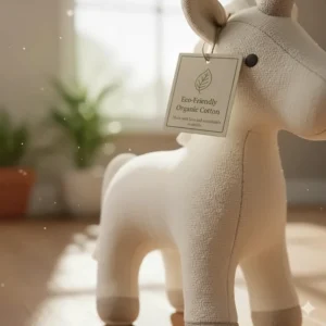 Showing the tag and texture of an eco-friendly unicorn toy plush made from organic cotton.