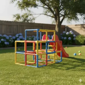 A low-height, brightly colored monkey bars climbing tower that makes a great outdoor climbing toy and jungle gym for young toddlers.