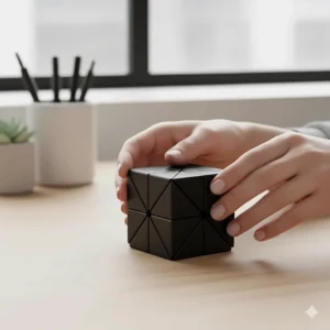 A black, matte Infinity Cube being manipulated into different shapes, showing a versatile and virtually silent fidget toy ideal for desk use.