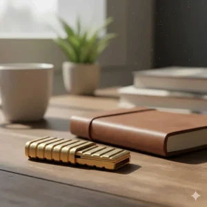 An elegant brass fidget slider resting on a desk, highlighting its tactical feel and satisfying clicking mechanism.