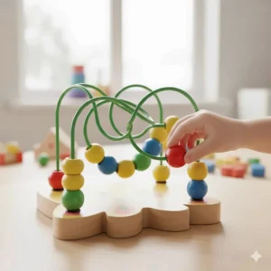 Child's hand playing with a bead maze, a fine motor skill activity that often serves as a beneficial speech therapy toy for pre-speech development.