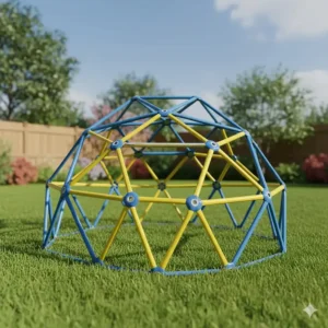 A large, sturdy blue and yellow geodesic climbing dome toy in a grassy area.