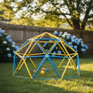A bright blue and yellow geometric dome climber for older toddlers and children, perfect for backyard outdoor play.