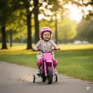 A picture of a young girl having fun riding a bright pink toy dirt bike with training wheels.