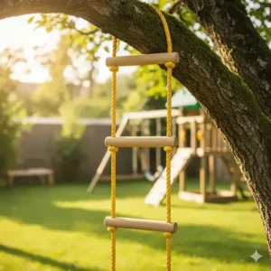 Close-up of a durable nylon rope ladder hanging from a tree for outdoor climbing fun.