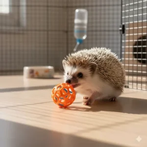A colorful, textured toy ball specifically designed for hedgehogs to push and chase in their enclosure.