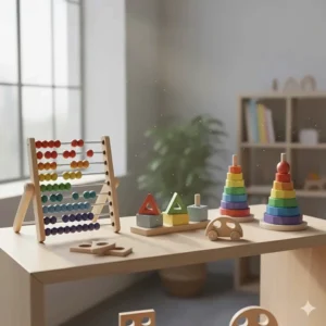 A premium, sustainably-made wooden **Montessori toy** set displayed neatly on a shelf, showing the quality of top-rated learning materials.
