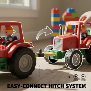 Diagram showing the simple steps for kids to attach the trailer to the **toy tractor**'s hitch.