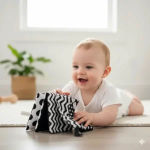 A soft, black and white crinkle book, a stimulating good toy for tummy time to encourage visual tracking.