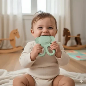A baby happily holding and mouthing a soft, easy-to-grip sensory bite toy, perfect for soothing sore gums during teething.