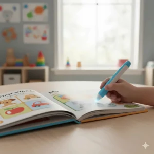 An interactive electronic learning book and smart pen, a high-tech example of modern speech therapy toys designed for vocabulary building and phonics.