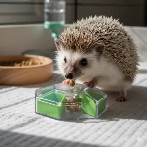 A small pet hedgehog playing with an interactive toy designed to dispense treats and provide mental stimulation.