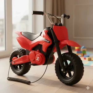 Close-up of a small, red electric toy dirt bike designed for toddlers.