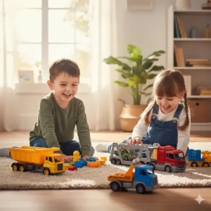 Two children playing happily on the carpet with a variety of toy trucks and trailers, simulating a construction site.