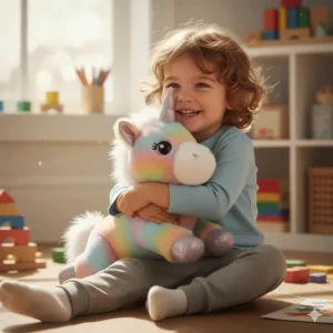 A child happily playing and hugging their new unicorn soft toy plush in a brightly lit room.