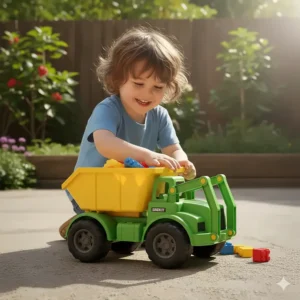 A child smiles while picking up small blocks with the dumpster toy and recycling mechanism.