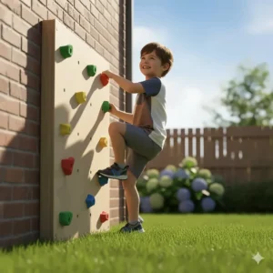 Child happily scaling a small, outdoor residential rock climbing wall attachment.