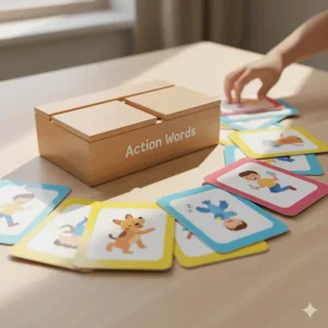 A collection of bright language flashcards showing different actions, essential tools used alongside speech therapy toys for expressive language practice.