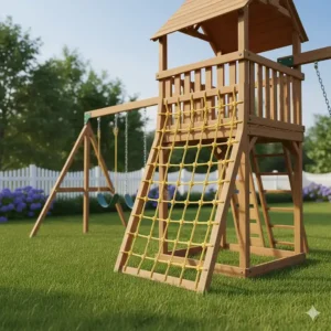 A large, knotted nylon climbing cargo net installed on a backyard structure, great outdoor fun.
