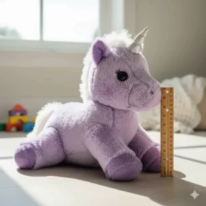A photo demonstrating the size of a large purple stuffed unicorn toy next to a ruler.