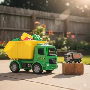 Comparison photo showing a large ride-on dumpster truck toy next to a small die-cast model.