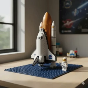 A completed LEGO space shuttle model with a small LEGO astronaut minifigure standing next to it.