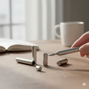 A unique magnetic metal fidget pen disassembled into its components, showing how it can be used for both writing and stress relief.