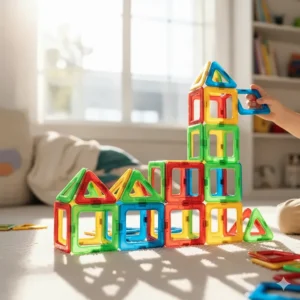 Magnetic tiles construction set used to build a colorful 3D structure, a popular educational toy encouraging creativity and engineering concepts.
