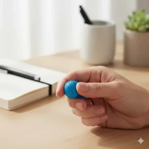 Close-up of a hand discreetly squeezing a blue silent fidget toy with a marble inside a mesh tube, an excellent tool for quiet stress relief.