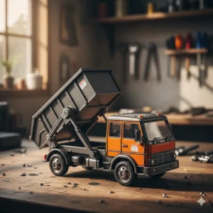 Highly detailed metal die-cast dumpster truck toy in dark gray and orange suitable for collectors.
