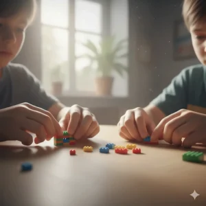 Children's hands carefully manipulating micro building blocks to construct a tiny structure, emphasizing the fine motor skills required for these worlds smallest toys.