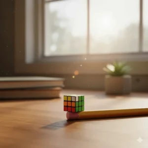 A fully solvable mini puzzle cube or Rubik's cube resting on a pencil eraser, demonstrating the scale of these worlds smallest toys.