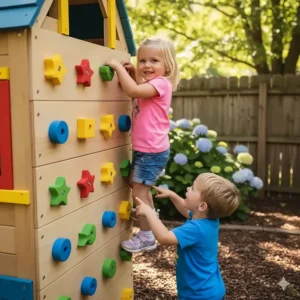 Close-up of a mini rock wall panel attached to a playhouse, showing different colored hand holds for preschoolers learning to climb.
