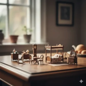 Highly detailed miniature dollhouse furniture, highlighting the craftsmanship of tiny playsets, part of the worlds smallest toys category.