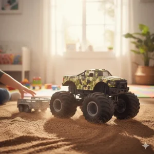 An oversized monster toy truck pulling a small utility trailer, emphasizing its robust and rugged design for off-road fun.