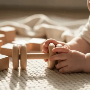 Close-up of a baby's hands grasping a small, natural wood rattle, one of the top **Montessori toys** for early development.