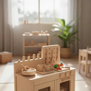 A miniature wooden toy kitchen set featuring sorting activities like pouring and scooping, perfect for hands-on **Montessori practical life toys**.