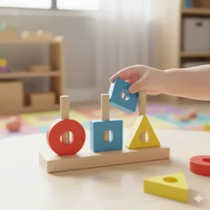 A Montessori-style geometric stacker with pegs and various shapes (circle, square, triangle) used to teach shape recognition.