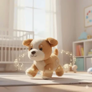 A soft, battery-operated moving plush dog toy that barks gently while scooting across the floor to motivate crawling.
